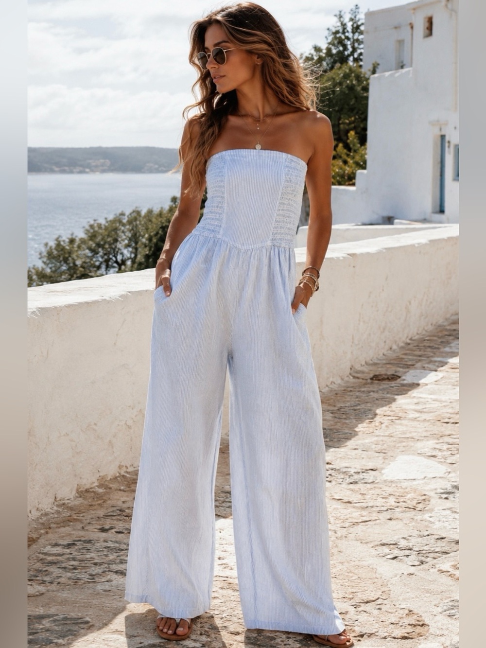 aerie Light Moroccan Blue Strapless Smocked Wide-Leg Jumpsuit. Linen 56%